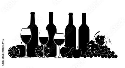 Elegant black and white still life featuring wine bottles, glasses and fresh fruits