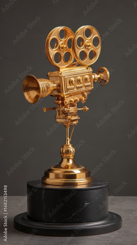 Obraz premium Celebrate cinematic excellence with this stunning golden vintage movie camera, perfect for awards season promotions and film industry events