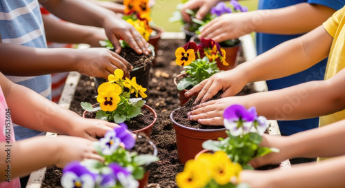 Diverse Group of Children Gardening Together Planting Colorful Pansies in Pots with Focus on Hands and Soil in Bright Sunlight