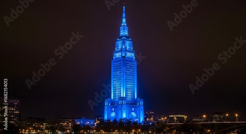 City tourist spot illuminated with blue lights, a tribute to November awareness.
