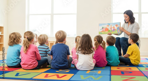 Teacher Reads to Diverse Group of Young Children Sitting on Colorful Rug in Bright Classroom with Natural Light and Learning Atmosphere