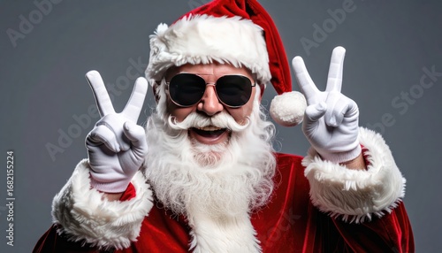 Santa Claus, smiling, with shades on, makes peace signs. The gray background makes the festive red outfit and white beard and hair pop