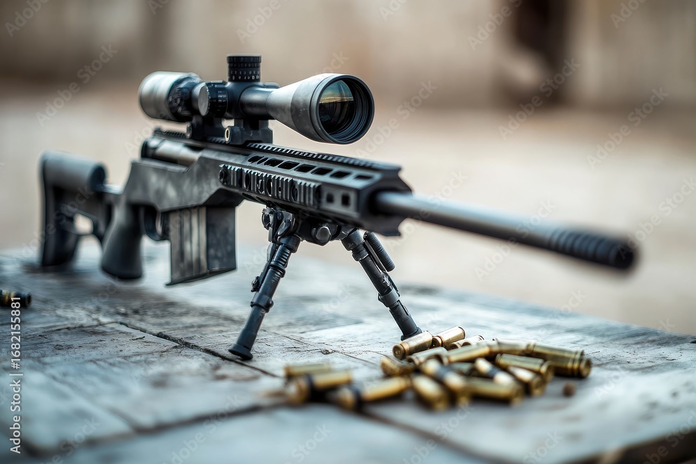Obraz premium Tactical sniper rifle with scope and cartridges resting on wooden table, ready for action and precision shooting in military or law enforcement