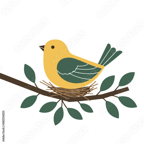 A serene 2D flat vector illustration of a stylized bird nesting in a leafy branch, depicting nature conservation with minimalist clean lines and solid colors, isolated on a pure white background.