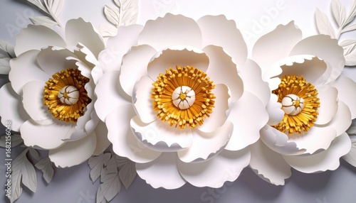 Three large white paper flowers with golden centers adorn a light gray background with white paper leaves, crafted in a detailed, textured manner