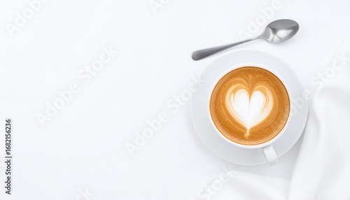 A top-down shot of a latte with a heart pattern in foam, placed on a white saucer with a spoon and draped white fabric against a white background