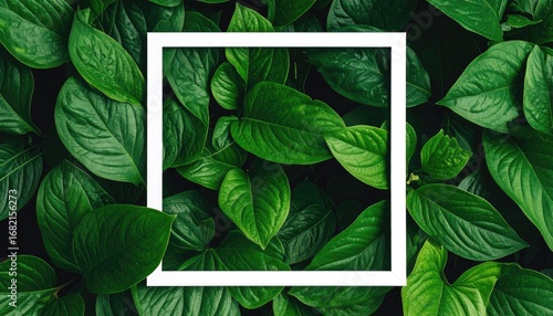 Close-up of vibrant green leaves densely packed, with a clean white square frame centered over them, creating a natural and modern graphic element