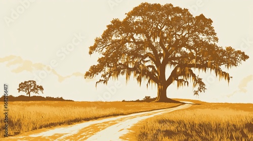 A sepia-toned landscape featuring a winding dirt path leading toward a large, majestic tree adorned with Spanish moss. A smaller tree is in the distance