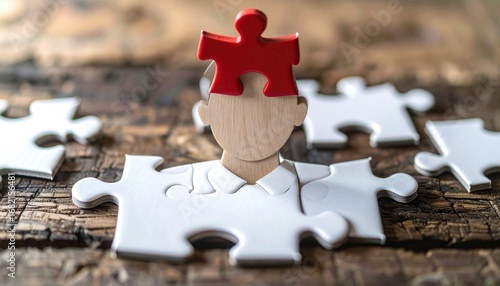 Conceptual puzzle art of a person made of puzzle pieces, with a red puzzle piece representing the head, resting on a weathered wooden surface
