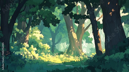 Lush cartoon forest scene with dappled sunlight piercing the trees, a trail leads into the bright center