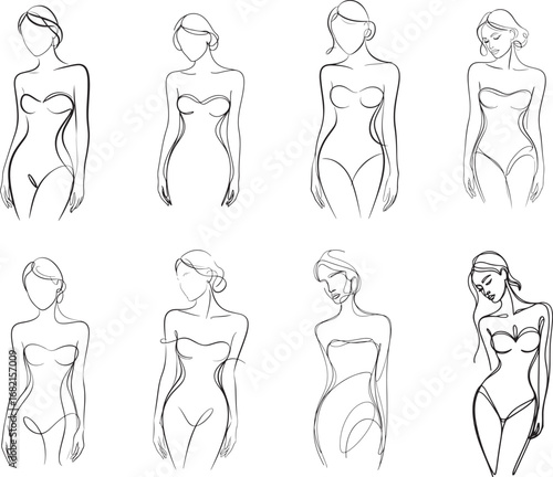 A diverse set of female body silhouettes, including fashion models, vector art, and anatomical sketches, are outlined in various poses
