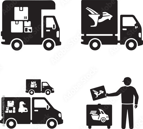 A diverse set of transport icons featuring various trucks, cars, and other heavy-duty industrial vehicles