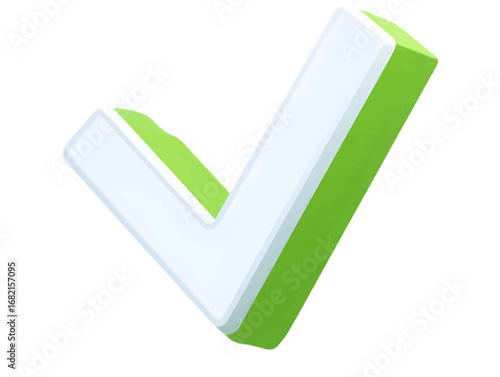 Three dimensional green and white checkmark symbol isolated.