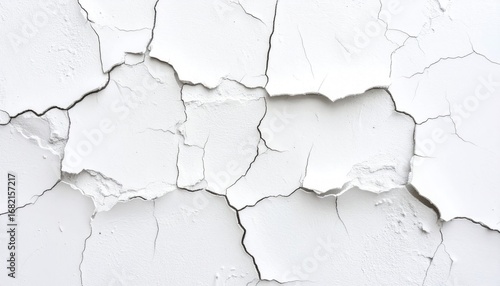 Close-up reveals intricate cracking in a thick layer of white paint, creating a textured surface and a sense of age and decay
