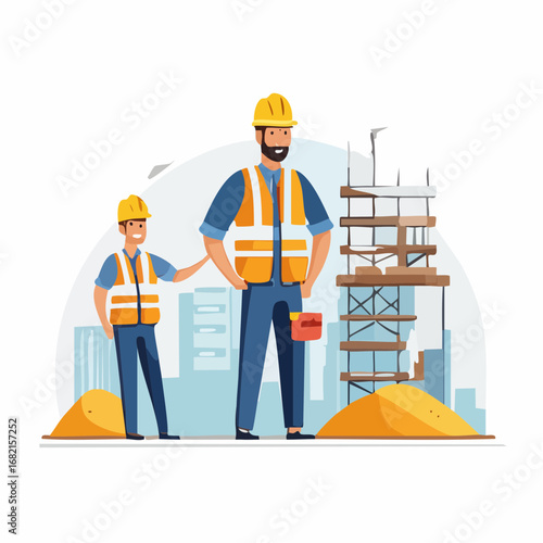 An abstract illustration of construction workers, with a safety vest. all rendered in a flat, vector art style. The image symbolizes construction, teamwork, engineering, and urban development.