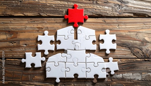 Jigsaw pieces, mostly white with one red, arranged on textured wood creating an incomplete, abstract, layered design