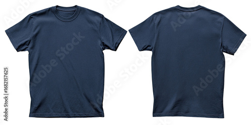 Front and back view of a navy blue blank t-shirt