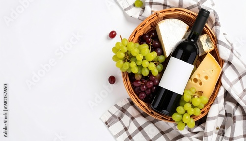 Aerial view of a wicker basket filled with red wine, cheese, and grapes on a checkered cloth and a plain white background, leaving copy space