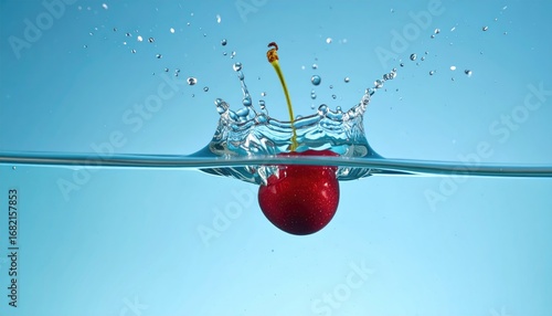 A ripe red cherry splashes into clear water, creating a crown-like burst of droplets against a serene blue background. Stem and water ripple visible