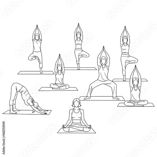 A collection of line art illustrations depicting various yoga poses performed by individuals on yoga mats.