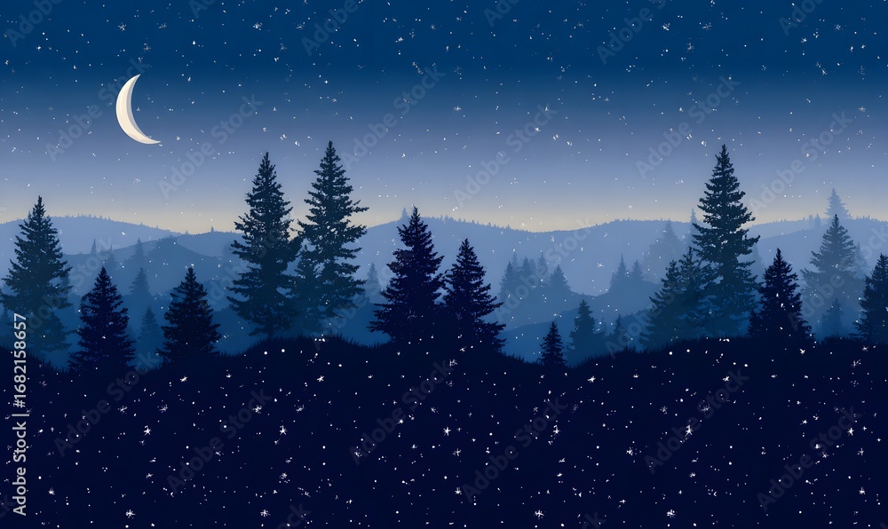 Fototapeta premium Seamless camping forest background, dark navy night sky with glowing stars and crescent moon