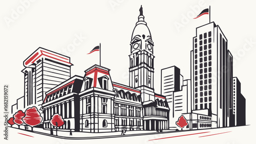 Philadelphia skyline vector with city hall and buildings ideal for travel promotions, city guides, brochures, maps, posters, and websites.