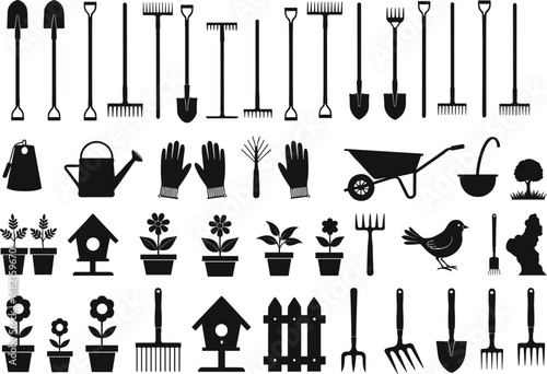 Gardening vector icons set, black silhouettes of garden tools, plants, flowers, birds, equipment, and accessories, perfect for spring, backyard, or landscaping projects