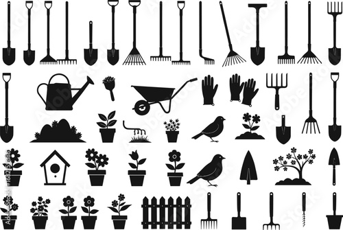 Gardening tools and equipment vector set, silhouette icons of garden tools, plants, flowers, birds, gloves, shovels, perfect for landscaping and spring designs