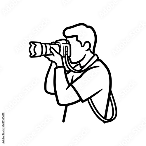 A black and white line drawing of a person holding a camera and taking a picture.