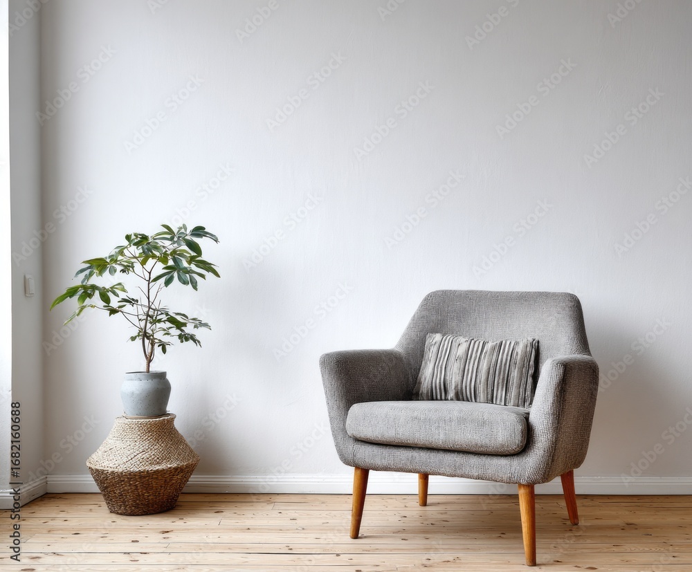 Fototapeta premium A stylish grey armchair sits beside a potted plant in a bright, minimalist living area.