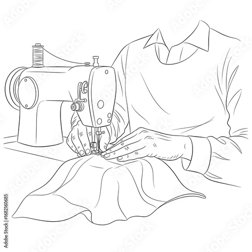 A close-up line drawing shows a person's hands operating a vintage sewing machine, stitching fabric.