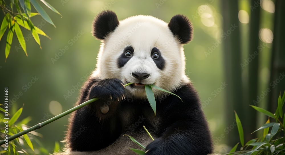 Obraz premium Panda Eating Bamboo in Nature