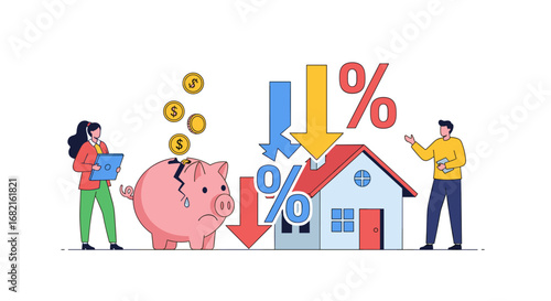 Real estate market decline concept with falling house prices and economic downturn illustration