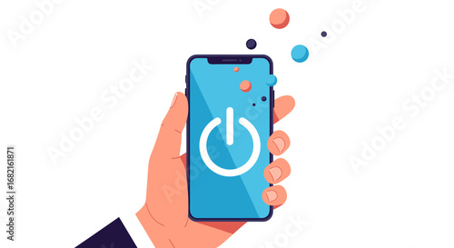 Hand holding smartphone with power button icon, representing device on/off functionality