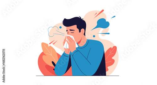 Man feeling unwell, blowing nose during cold and flu season, seasonal allergies and contagious illness