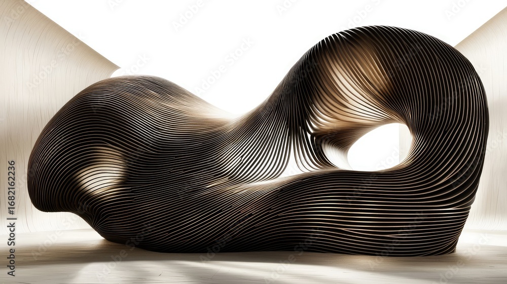 Abstract Modern Sculpture in White Studio Interior Featuring Curving Geometric Forms and Intricate Patterns Under a Soft and Diffused Lighting