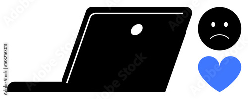 Open laptop on left, sad face emotion and blue heart on right. Ideal for themes thumbs up technology, emotions, mental health, stress, digital communication, online challenges, simple landing page