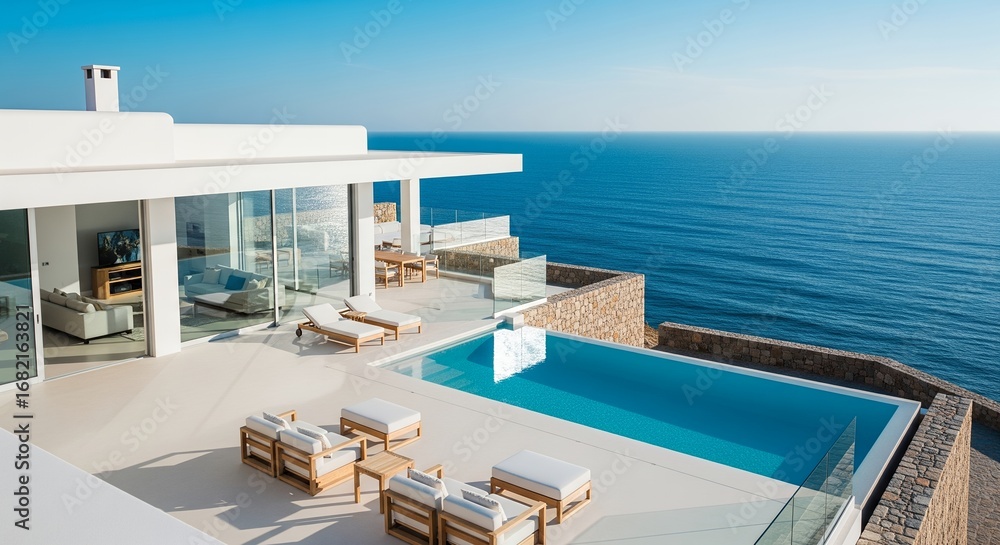 Fototapeta premium Modern Minimalist Villa with Infinity Pool and Ocean View