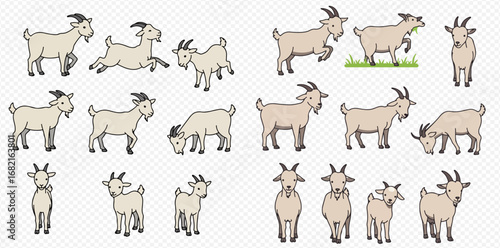 Collection of cartoon goats in various poses, including standing, grazing, and lying down.  Some are adults, others are kids.