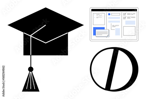 Graduation cap symbolizes academic achievement, text editor interface, and font style element illustrating themes thumbs up education, online learning, writing, publishing, media, creativity. Ideal