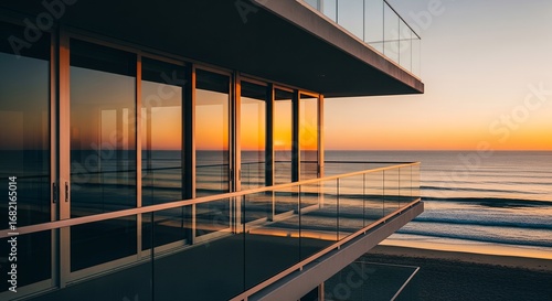 Ocean Sunset View from Modern Balcony with Glass Railing
