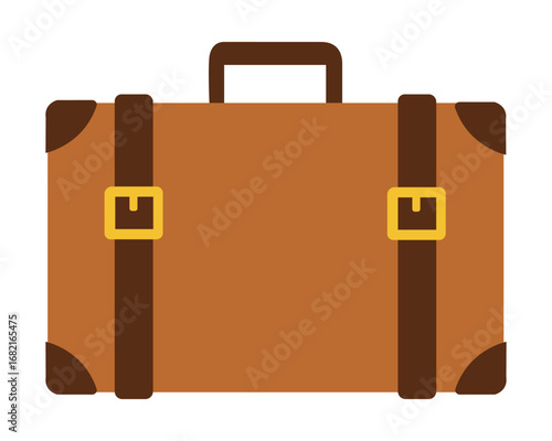 Brown leather vintage suitcase with straps and gold buckles for travel, vacation, luggage, and exploration concepts