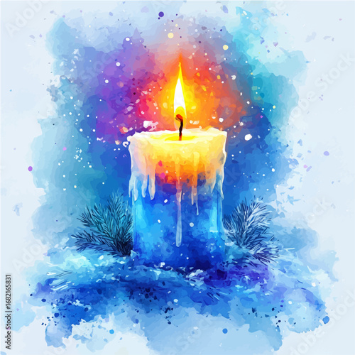 Candle Glowing Winter Night, watercolor clipart vector, isolated on a white background.