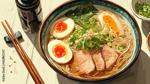 Japanese noodle soup ramen with chicken, tofu, vegetables and egg in a bowl on wooden table illustration. Asian cuisine recipe