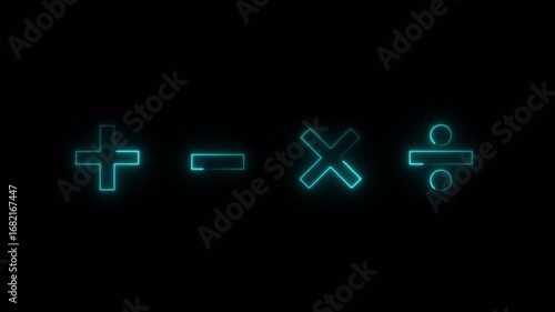 Glowing mathematical symbols plus minus multiply and divide on a black background for education and science use