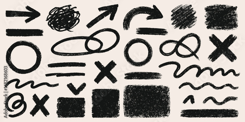 Grunge Chalk Scribble Vector Set. Hand-Drawn Arrows, Circles, Crosses, And Abstract Shapes