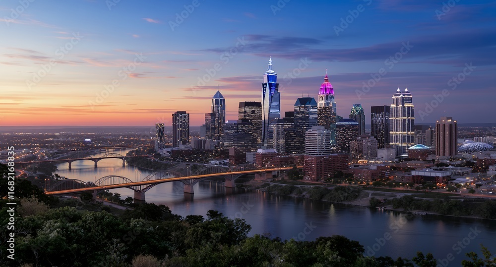 Obraz premium Sunrise Cityscape Skyline, Urban Panorama with River and Bridges at Dusk