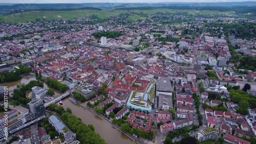 Aerial view of the old town city Heilbronn in Germany on a late sunny day in summer. 