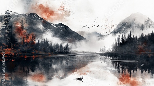 Atmospheric landscape with misty mountains, a tranquil lake, and a lone duck, rendered with bold colors and watercolor effects