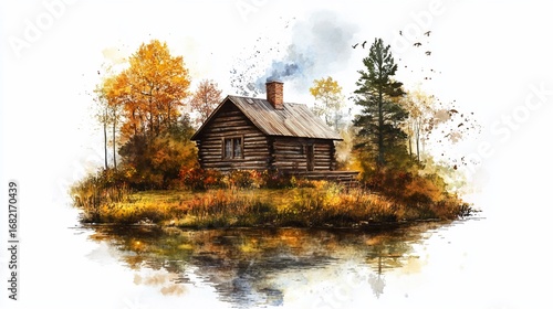 Rustic log cabin with smoke billowing from the chimney, surrounded by vibrant autumn foliage and reflected in still water